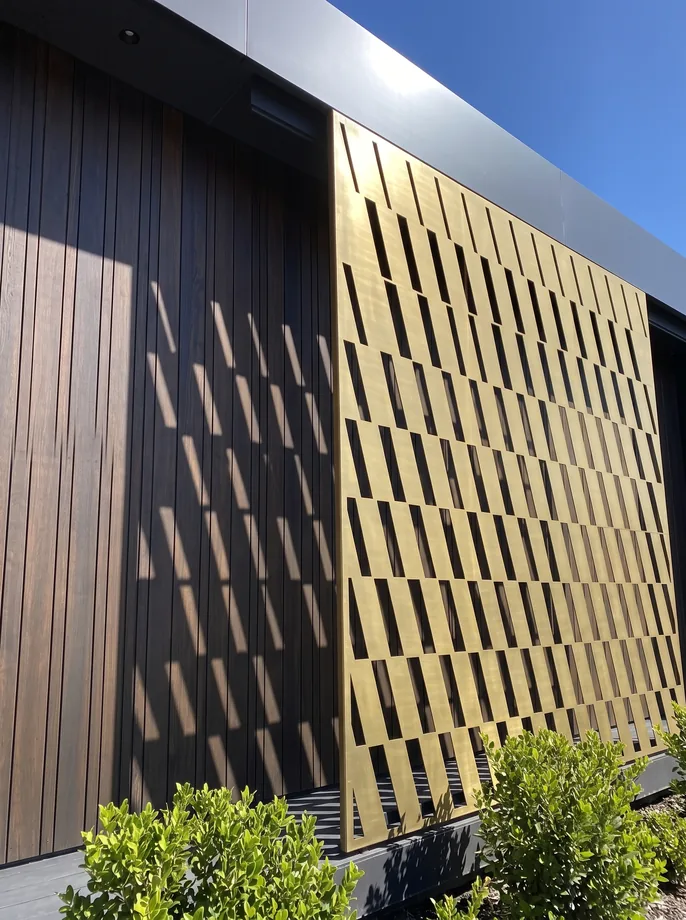 Brass facade screen cut with a staggered slot pattern, casting its shadow onto timber cladding