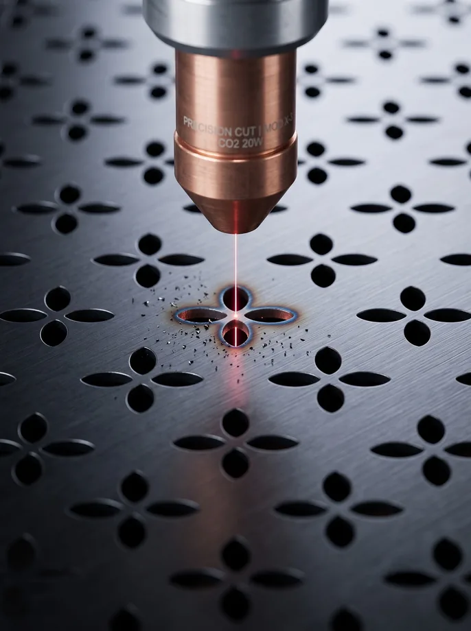 Laser cutting head burning a four-petal floral array into sheet metal